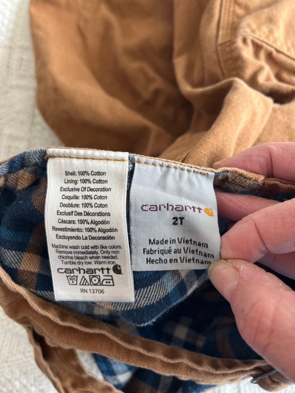 Carhartt Kids' Canvas Bib Overall Flannel-Lined in Carhartt Brown Sz 2T - Picture 4 of 10